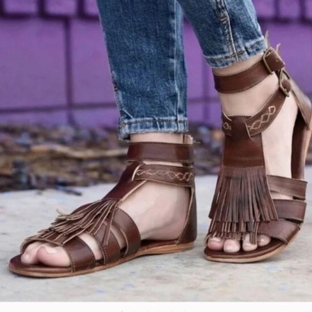 BED STU Alena Leather Boho Fringe  Strappy Gladiator Sandals